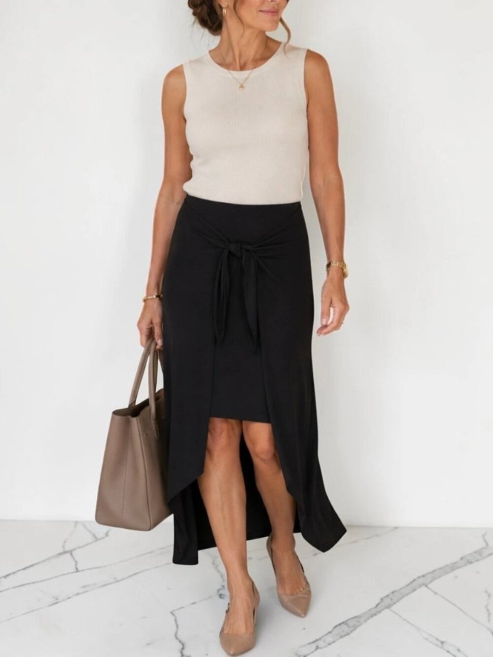 Lauren Ralph Lauren Black Tie Front Draped Skirt L High Low Hem Jersey Stretch